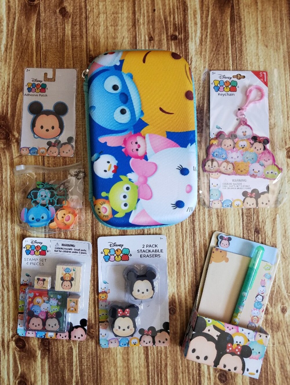 Disney Tsum Tsum Stationery Bundle Set: Pencil Case Erasers Notepad Stamps Clip